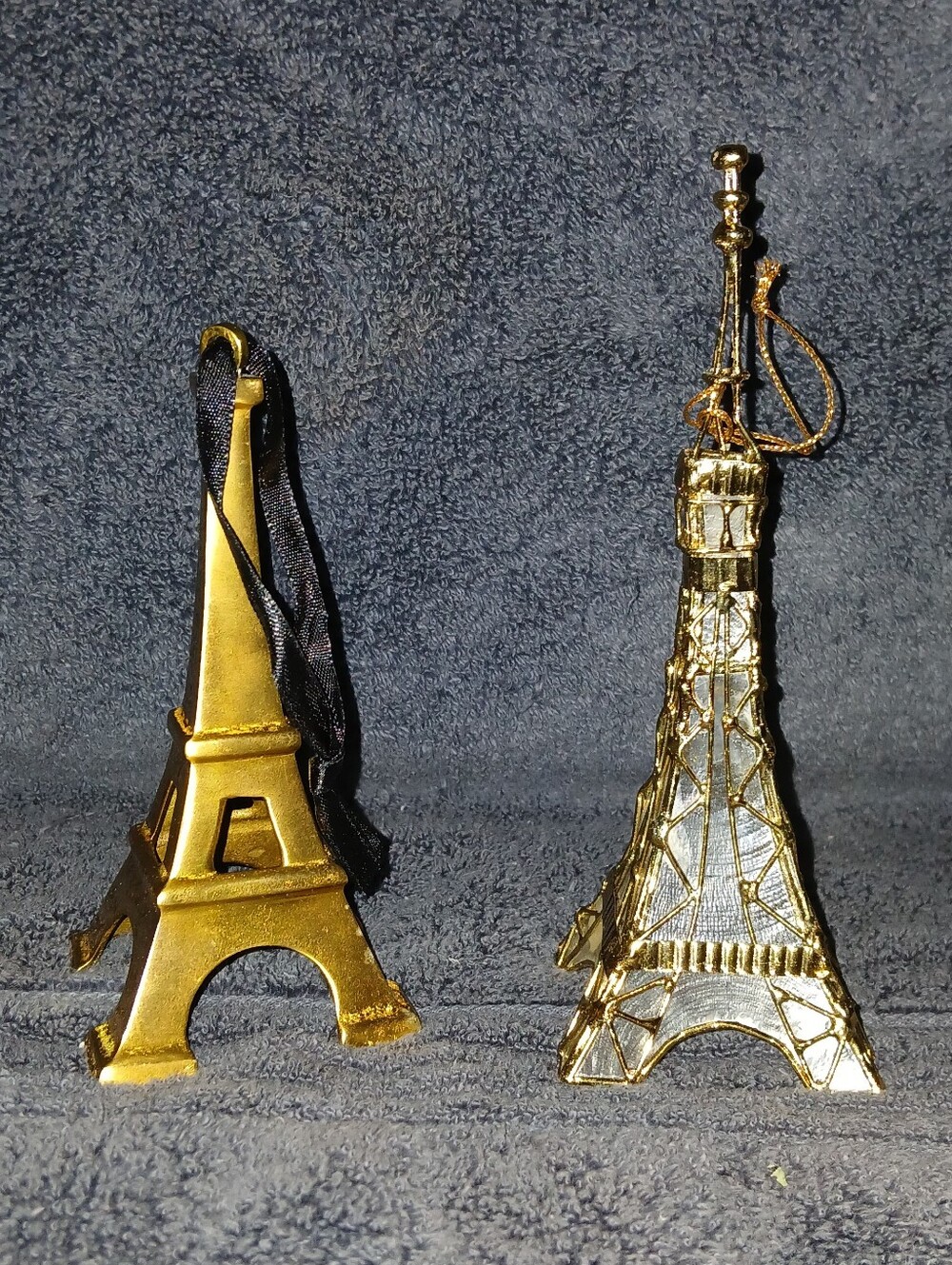Gold Eiffel Tower Ornament Set - Pair of Metallic Paris Souvenirs